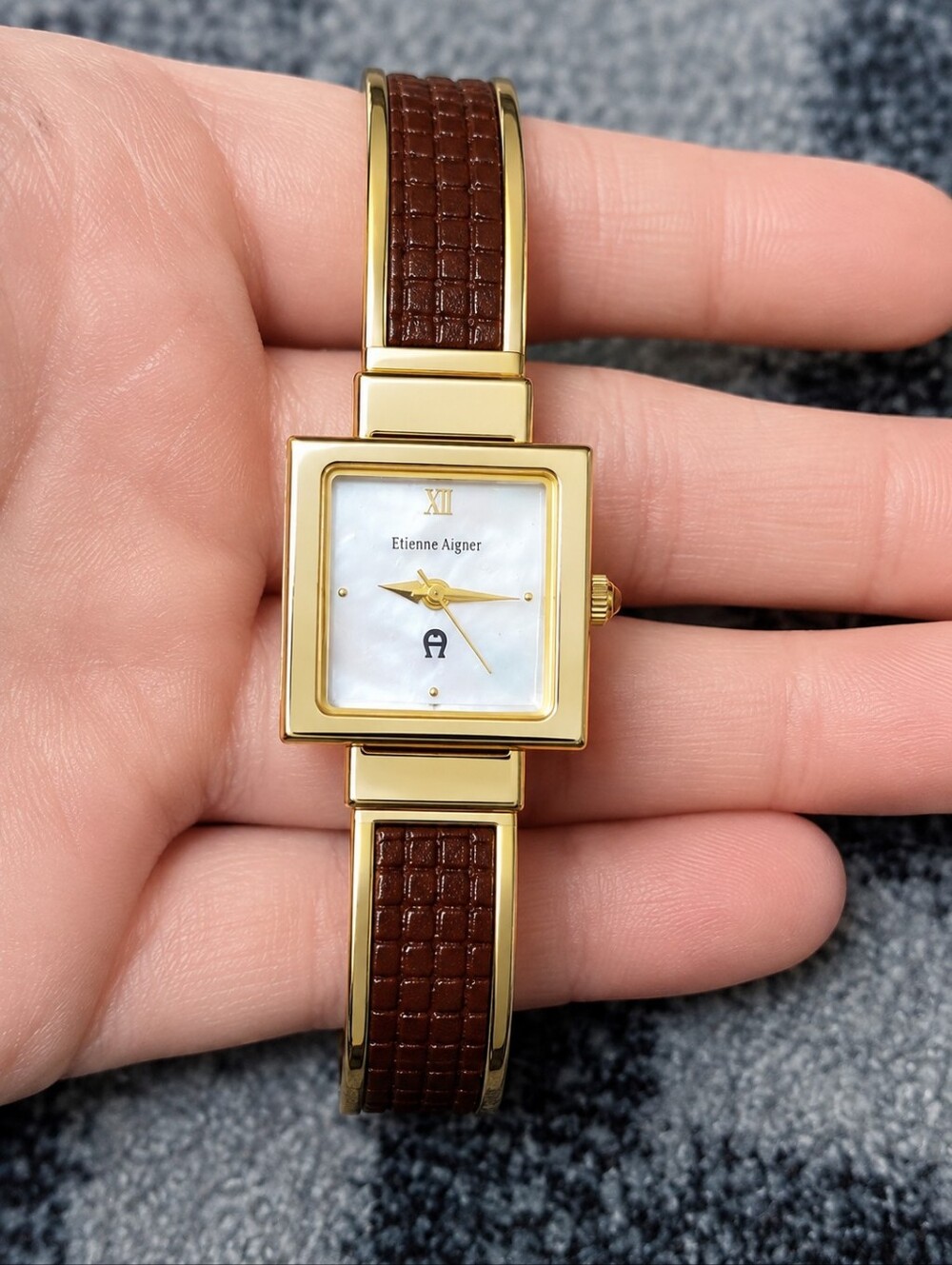 Vintage Etienne Aigner Square Watch Mother of Pearl Gold Brown Equestrian Y2K CC